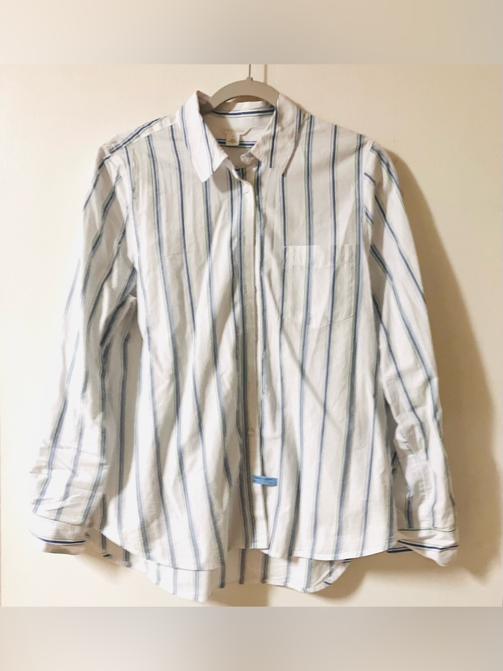 Caslon White, Blue, & Green Stripe Poplin Cotton Button Down Blouse - Size M